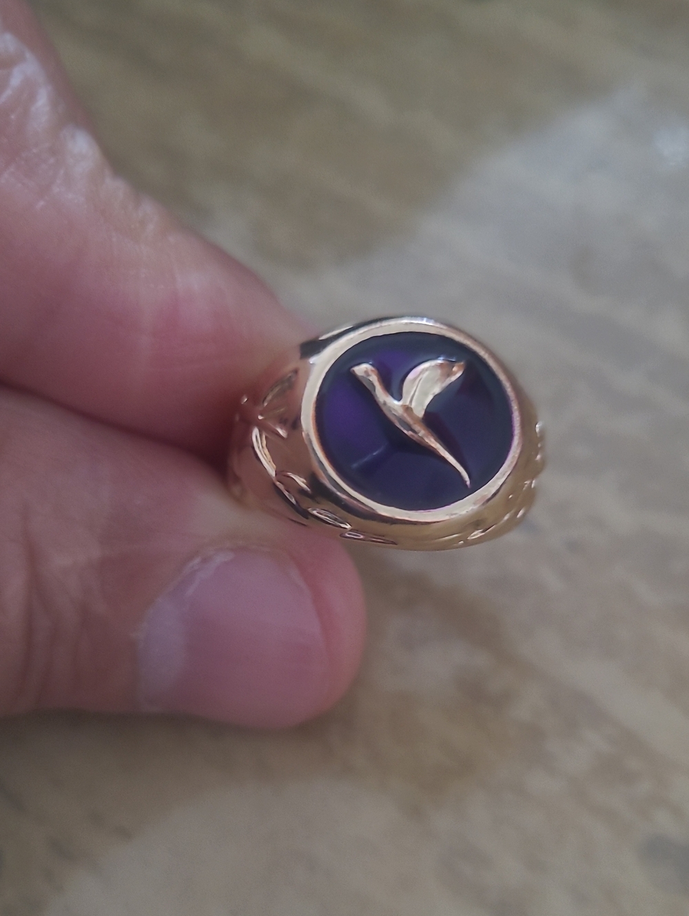 Gold-Tone Signet Ring with Purple Enamel and Dove Motif